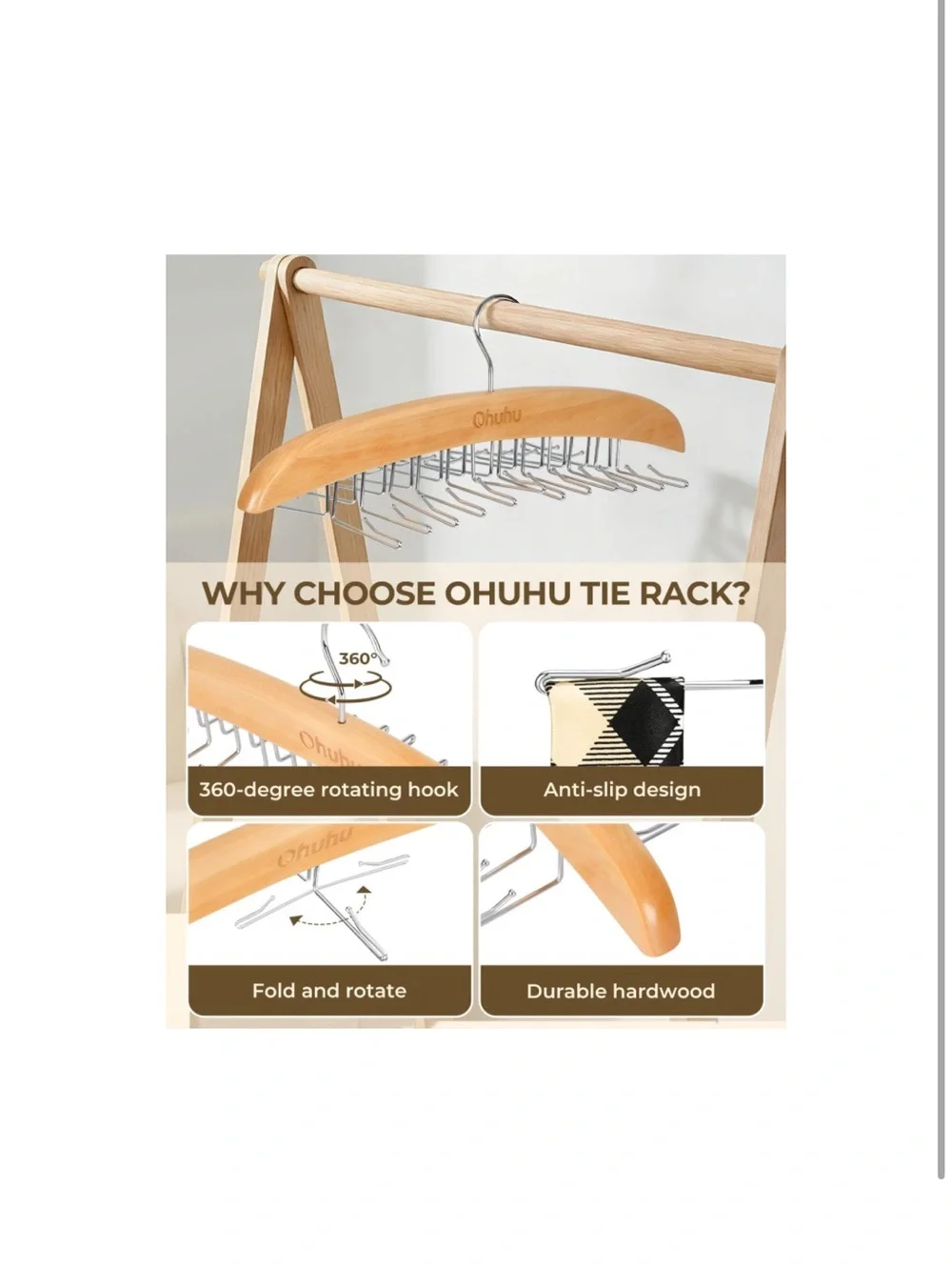 Wooden Multi-Tie & Scarf Hanger in Natural Brown